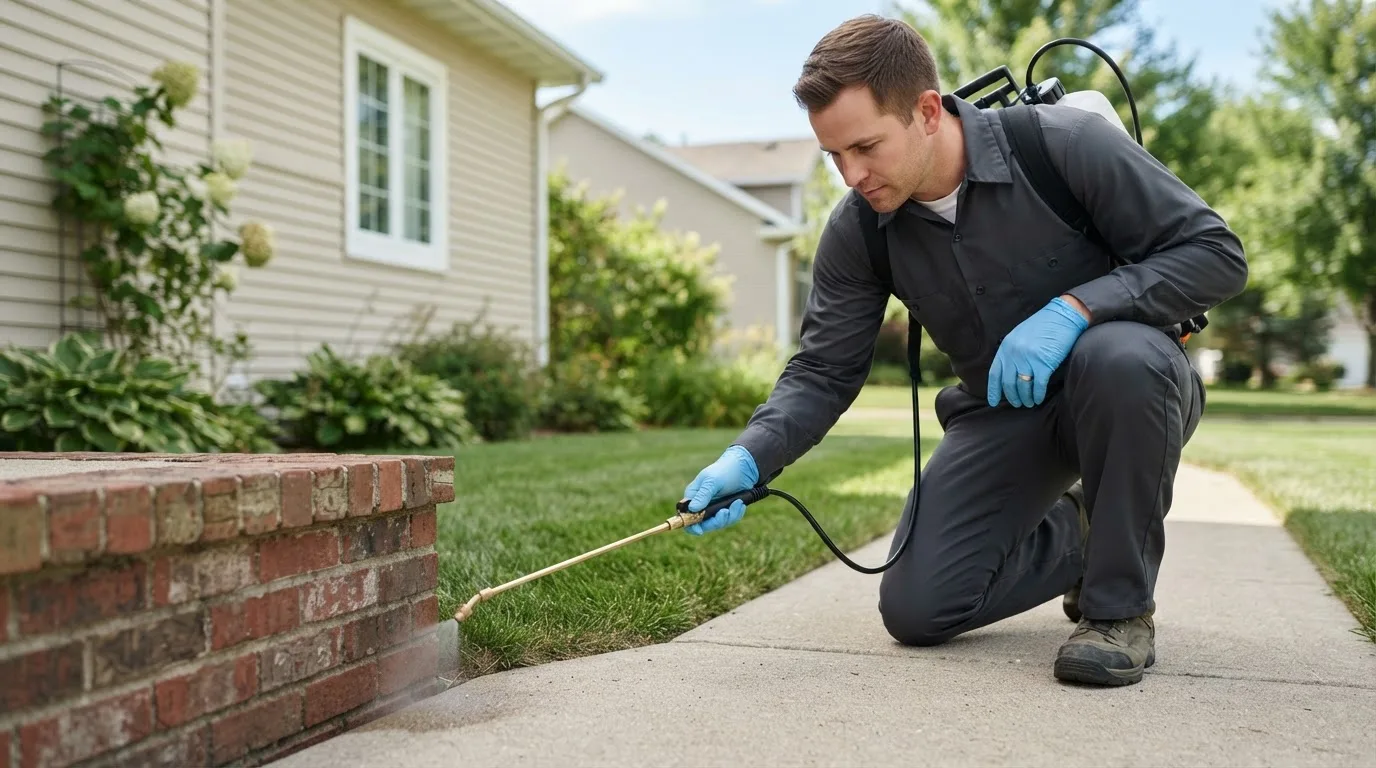 Pest control technician treating a home near Raisin City, CA